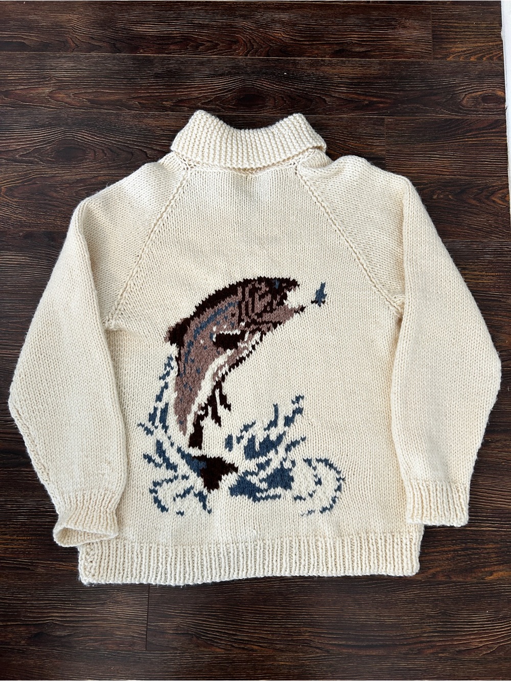 Cowichan Sweater Fishing Theme Hand Knit Men's XL Cream Chunky Knit Fisherman